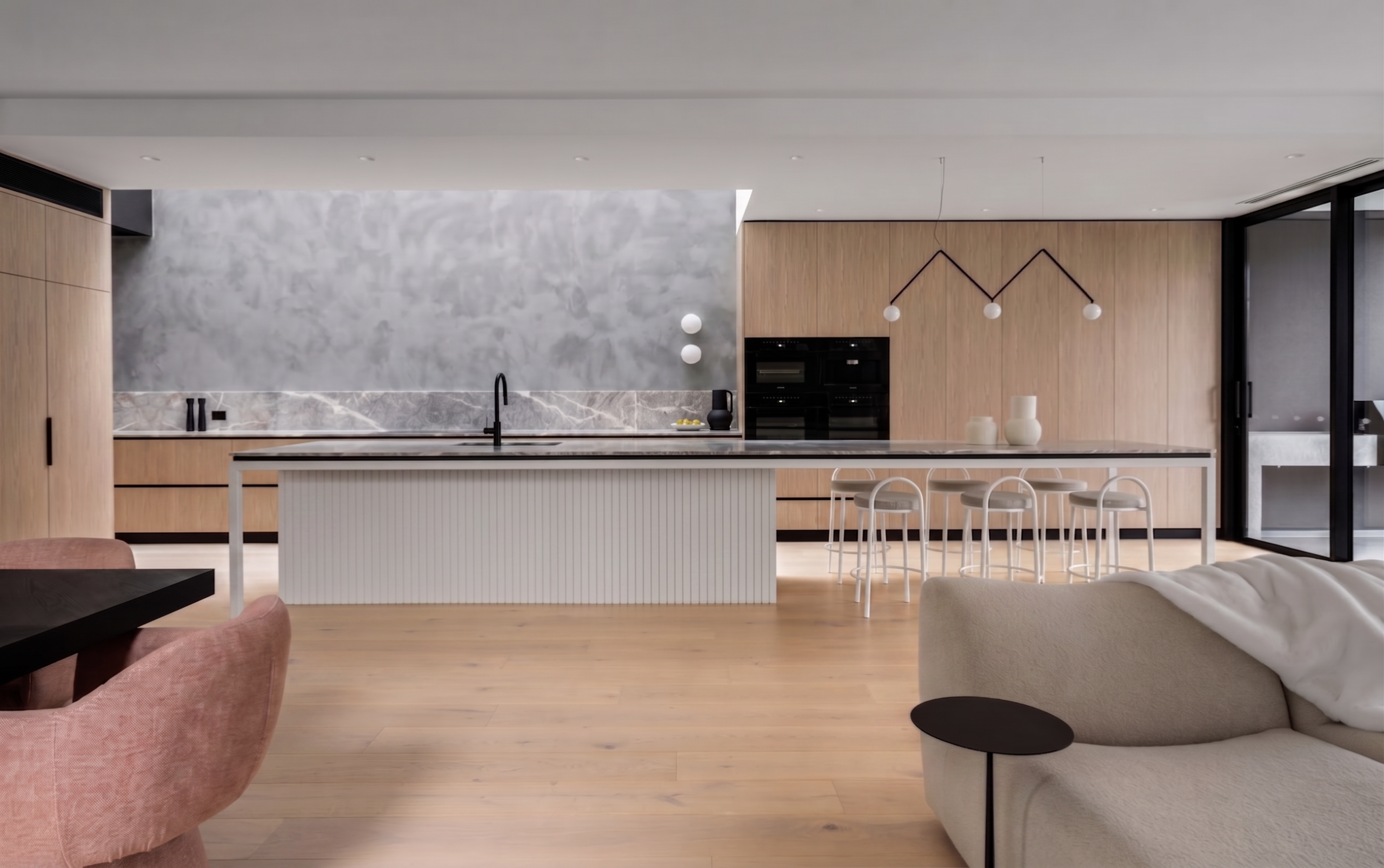 white kitchen open plan